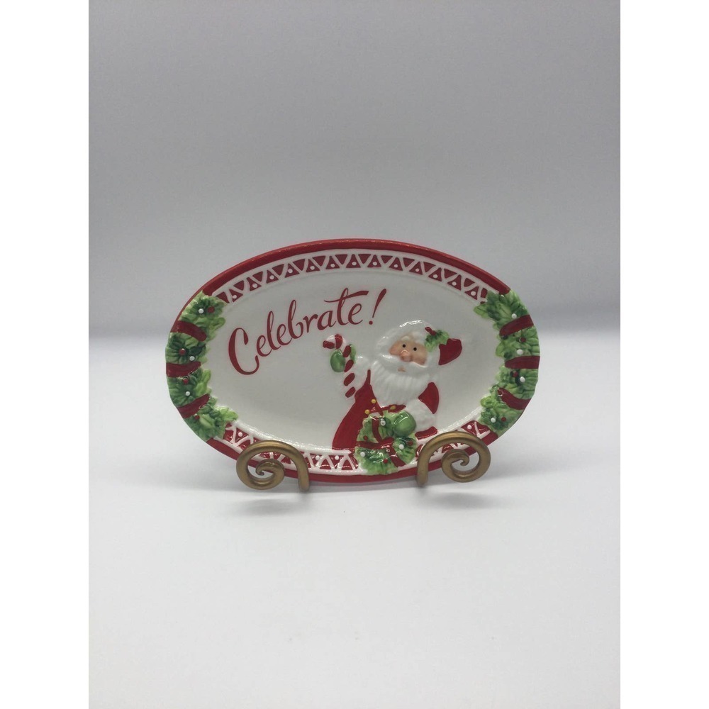 Fitz & Floyd Celebrate canapé plate Santa holly holiday Christmas appetizer red